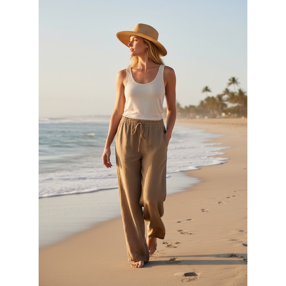 Wrap London Camel Tan 100% Linen Wide Leg Drawstring Pants Womens US 8 UK 12